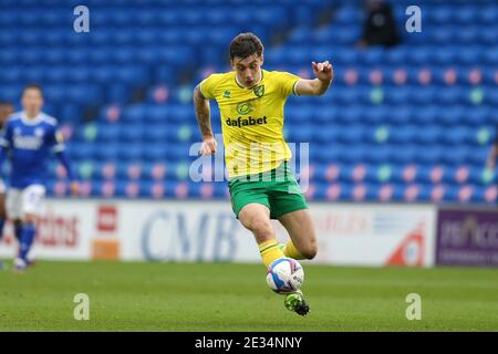 Cardiff, Royaume-Uni. 16 janvier 2021. Jordan Hugill de Norwich City in action.EFL Skybet Championship Match, Cardiff City / Norwich City au Cardiff City Stadium de Cardiff, pays de Galles, le samedi 16 janvier 2021. Cette image ne peut être utilisée qu'à des fins éditoriales. Utilisation éditoriale uniquement, licence requise pour une utilisation commerciale. Aucune utilisation dans les Paris, les jeux ou les publications d'un seul club/ligue/joueur. photo par Andrew Orchard/Andrew Orchard sports Photography/Alamy Live News crédit: Andrew Orchard sports Photography/Alamy Live News Banque D'Images