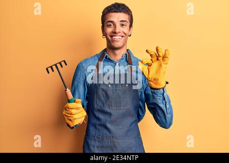 Jeune homme amérindien africain portant un tablier de jardinier et des gants tenant le râteau faisant signe ok avec les doigts, souriant sympathique gesturant excellent symbole Banque D'Images