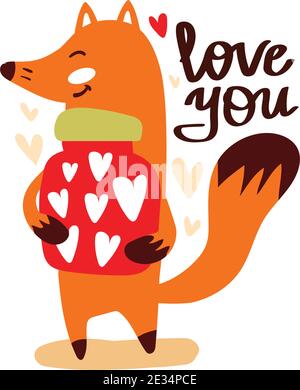 Le renard rouge mignon tient des supports et des bocal de coeurs avec le texte vous aime. Illustration vectorielle plate de style scandinave. Illustration de Vecteur