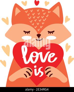 Mignon renard rouge tient coeur avec texte amour est. Illustration vectorielle plate de style scandinave. Illustration de Vecteur