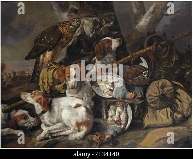 Carstian Luyckx - UNE vie de chasse de perdrix avec quatre smaniels Springer, un faucon, un sac de jeu et une ceinture et d'autres. Banque D'Images
