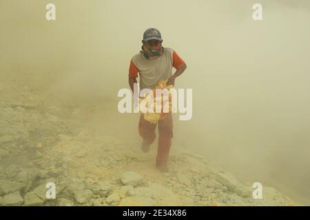 Le mineur recueille du soufre dans les nuages de gaz volcanique des mines de soufre du cratère du volcan actif de Kawah Ijen à Java-est, en Indonésie. Chaque matin, deux centaines de mineurs descendent jusqu'au fond du cratère pour la prochaine charge de soufre. Ils remplissent leurs paniers avec du soufre manuellement et portent ensuite cette lourde charge sur les pieds. Le travail extrêmement dur dans les nuages de dioxyde de soufre toxique provoque une toux dure et des yeux qui tournent presque immédiatement. Cependant, les mineurs travaillent sans protection. Peu d'entre eux ont des masques à gaz. Chaque mineur gagne environ 10 dollars américains par jour. Banque D'Images