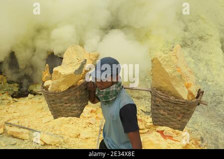 Le mineur porte les paniers avec du soufre dans les nuages de gaz volcanique dans les mines de soufre dans le cratère du volcan actif de Kawah Ijen dans l'est de Java, en Indonésie. Chaque matin, deux centaines de mineurs descendent jusqu'au fond du cratère pour la prochaine charge de soufre. Ils remplissent leurs paniers avec du soufre manuellement et portent ensuite cette lourde charge sur les pieds. Le travail extrêmement dur dans les nuages de dioxyde de soufre toxique provoque une toux dure et des yeux qui tournent presque immédiatement. Cependant, les mineurs travaillent sans protection. Peu d'entre eux ont des masques à gaz. Chaque mineur gagne environ 10 dollars américains Banque D'Images