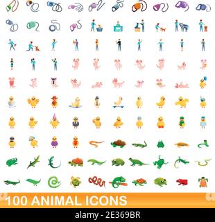 100 icônes d'animaux fixés. Cartoon illustration de 100 icônes animales vector set isolé sur fond blanc Illustration de Vecteur