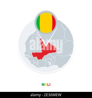 Carte et drapeau du Mali, icône de carte vectorielle avec le Mali en surbrillance Illustration de Vecteur