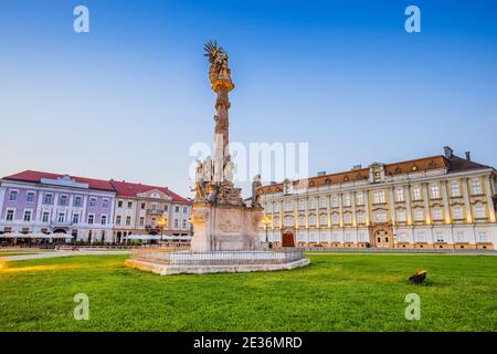 Timisoara, Roumanie. La Vierge Marie et le monument Saint-Jean de Nepomuk à Union Square. Banque D'Images