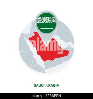 Carte et drapeau de l'Arabie saoudite, icône de carte vectorielle avec l'Arabie saoudite en surbrillance Illustration de Vecteur