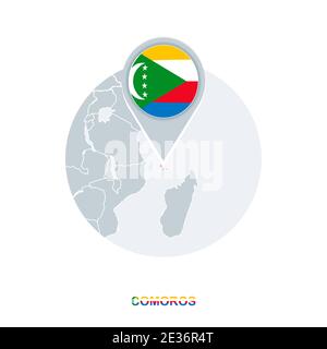 Carte et drapeau des Comores, icône de carte vectorielle avec les Comores en surbrillance Illustration de Vecteur