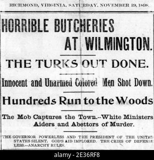 MASSACRE DE WILMINGTON Caroline du Nord 10 novembre 1898. Rapport dans The Richmond Planet, 19 novembre 1898. Banque D'Images