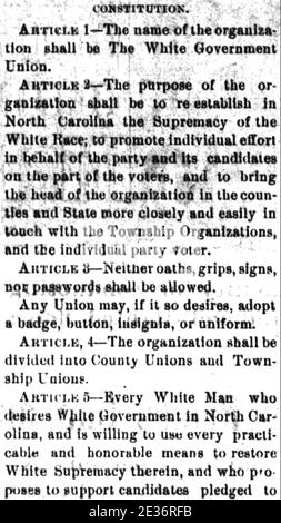 MASSACRE DE WILMINGTON Caroline du Nord 10 novembre 1898. La Constitution de l'Union du gouvernement blanc, publiée dans le Wilmington Morning Star, 27 août 1898. Banque D'Images