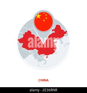 Carte et drapeau de la Chine, icône de carte vectorielle avec la Chine en surbrillance Illustration de Vecteur