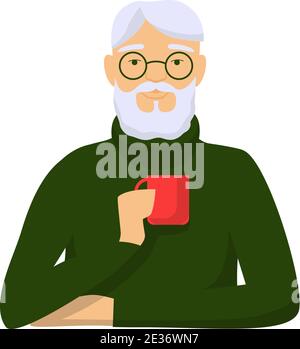 L'homme âgé boit du café. Chandail vert à cheveux gris à motif masculin avec une tasse rouge à la main. Illustration de Vecteur
