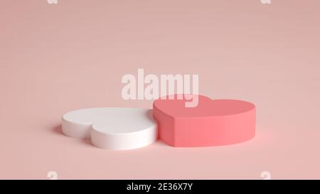 Deux podiums en forme de cœur pour la Saint-Valentin en rendu 3D. Présentation du produit avec le concept de la Saint-Valentin. Couleurs rose et blanc, socle, Podium Banque D'Images