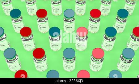 Ampoules en verre avec bouchons rouge et bleu pour médicaments Conception du rendu 3d du concept de coronavirus Banque D'Images