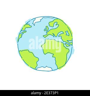 Planète Terre dessinée à la main. Carte globale avec des continents à croquis verts et des océans bleus flous. Illustration de Vecteur