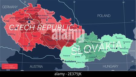 Pays de la République tchèque et de la Slovaquie carte détaillée modifiable avec régions villes, routes et chemins de fer, sites géographiques. Fichier vectoriel EPS-10 Illustration de Vecteur