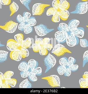 Motif vectoriel sans couture de fleurs abstraites en fleurs. Motif botanique avec fleurs dans le gris ultime, illuminant les couleurs jaune, blanc et bleu. Illustration de Vecteur