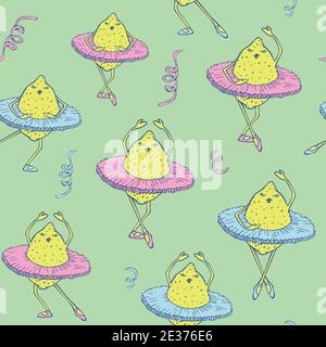 Motif vectoriel sans couture de citrons dansant dans un tutu de ballet. Motif fruits dansants. Illustration de Vecteur