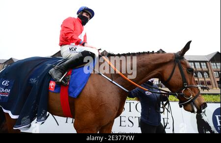Envoi Allen, monté par le jockey Jack Kennedy après avoir remporté la course Sky Bet Killiney Novice Steeplechase (Grade 3) à l'hippodrome de Punchmartown, dans le comté de Kildare, en Irlande. Banque D'Images