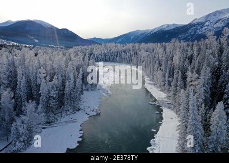 Ourumqi. 9 janvier 2021. La photo aérienne prise le 9 janvier 2021 montre le paysage de la neige dans la région pittoresque de Kanas, dans la région autonome de Xinjiang, dans le nord-ouest de la Chine. Situé dans le centre des montagnes de l'Altay, dans le nord du Xinjiang, la région pittoresque de Kanas est une attraction touristique nationale de 5A, avec un paysage impressionnant de lacs, glaciers, forêts et prairies. Credit: Sadat/Xinhua/Alamy Live News Banque D'Images