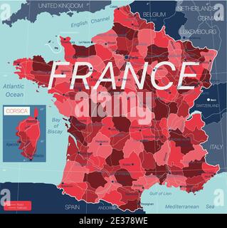 France carte détaillée modifiable avec régions villes, routes et chemins de fer, sites géographiques. Fichier vectoriel EPS-10 Illustration de Vecteur