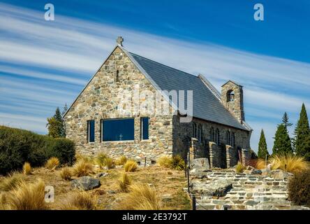 1935 Église du bon Berger à côté du lac Tekapo sur l'île du Sud, Nouvelle-Zélande. Une église anglicane et un mémorial pour commémorer les premiers colons. Banque D'Images