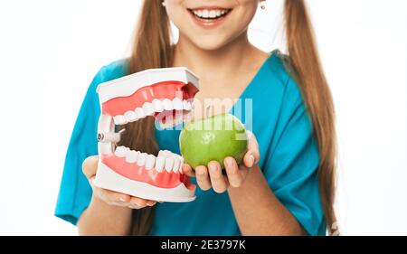 Gros plan, modèle de mâchoire et pomme verte dans les mains de la fille. Concept de l'effet de la nourriture sur les dents des enfants Banque D'Images