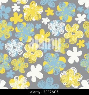 Motif vectoriel sans couture de fleurs abstraites en fleurs. Motif botanique avec fleurs dans le gris ultime, illuminant les couleurs jaune, blanc et bleu. Illustration de Vecteur