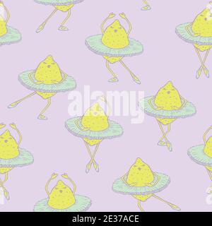 Motif vectoriel sans couture de citrons dansant dans un tutu de ballet. Motif fruits dansants. Illustration de Vecteur