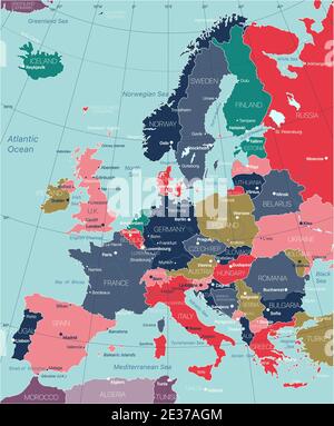 Europe carte détaillée modifiable avec régions villes, routes et chemins de fer. Fichier vectoriel EPS-10 Illustration de Vecteur