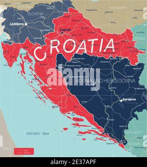 Croatie carte détaillée modifiable avec régions villes, routes et chemins de fer, sites géographiques. Fichier vectoriel EPS-10 Illustration de Vecteur