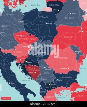 Europe de l'est carte détaillée modifiable avec régions villes, routes et chemins de fer. Fichier vectoriel EPS-10 Illustration de Vecteur
