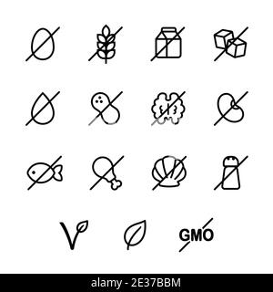Ensemble d'icônes d'ingrédients pour les étiquettes nutritionnelles. Allergies (sans gluten, produits laitiers, soja, noix et plus), sucre et sel, symboles végétariens et biologiques. Illustration de Vecteur
