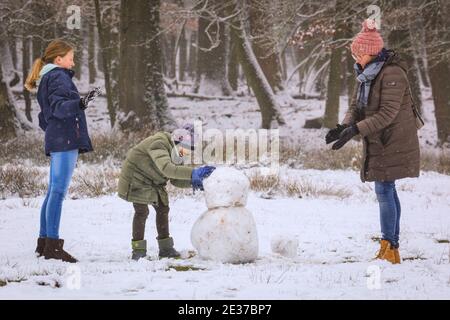 Duelmen, NRW, Allemagne. 17 janvier 2021. Une famille s'amuse à faire un bonhomme de neige. Une couche de neige fraîche est tombée la nuit, transformant la campagne du Muensterland en un pays merveilleux pour l'hiver pendant quelques jours. Credit: Imagetraceur/Alamy Live News Banque D'Images