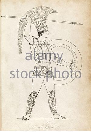 Grèce antique, guerrier grec, illustration vintage de 1814 Banque D'Images