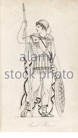 Grèce antique, guerrier grec, illustration vintage de 1814 Banque D'Images