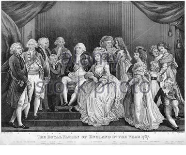 La famille royale d'Angleterre en l'an 1787, George III 1738 – 1820, illustration ancienne de 1800 Banque D'Images