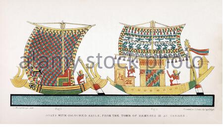 Égypte ancienne, Bateaux aux voiles colorées, du tombeau de Ramsès III à Thèbes, illustration ancienne de 1837 Banque D'Images