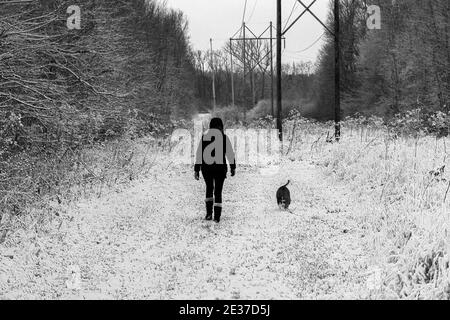 Une fille marchant son chien dans la neige fraîchement tombée couvrant les sentiers de la réserve de Honey Creek à Tipp City, Ohio. Banque D'Images