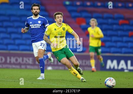 Cardiff, Royaume-Uni. 16 janvier 2021. Jordan Hugill de Norwich City en action. Match de championnat EFL Skybet, Cardiff City et Norwich City au Cardiff City Stadium de Cardiff, pays de Galles, le samedi 16 janvier 2021. Cette image ne peut être utilisée qu'à des fins éditoriales. Utilisation éditoriale uniquement, licence requise pour une utilisation commerciale. Aucune utilisation dans les Paris, les jeux ou les publications d'un seul club/ligue/joueur. photo par Andrew Orchard/Andrew Orchard sports Photography/Alamy Live News crédit: Andrew Orchard sports Photography/Alamy Live News Banque D'Images