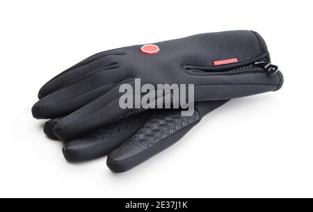 Gants de sport en tissu noir avec verrou isolé sur blanc. Banque D'Images