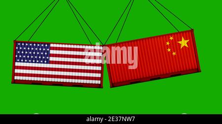 Guerre commerciale entre les États-Unis et la Chine. DRAPEAUX AMÉRICAINS et chinois sur les conteneurs écrasés, fond ciel nuageux, bannière. illustration 3d. écran vert Banque D'Images