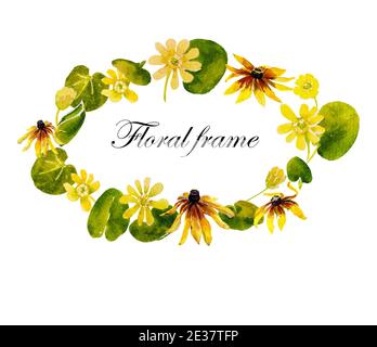 les fleurs de printemps jaunes font germer un motif rond de l'aquarelle originale isolée sur fond blanc Banque D'Images