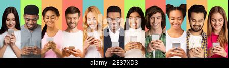 Personnes multiraciales du millénaire utilisant des téléphones textant sur fond de couleur, collage Banque D'Images