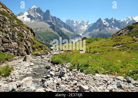 Aiguille verte, grandes Jorasses et Mer de glace sur le chemin du Lac blanc au-dessus de Chamonix. Banque D'Images