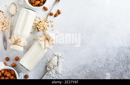 Régime alimentaire concept sain. Lait de légumes et amandes faits maison, curly, noisettes, flocons d'avoine, riz et noix de coco sur fond gris. Vue de dessus. Banque D'Images