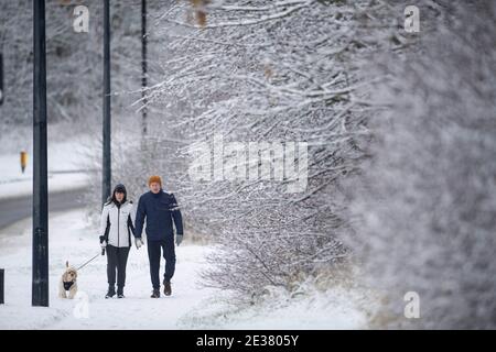 Middlesbrough, Royaume-Uni. Samedi 2 janvier 2021: De fortes averses de neige se sont poursuivies toute la matinée à Middlesbrough sur l'A171 causant la co dangereuse Banque D'Images