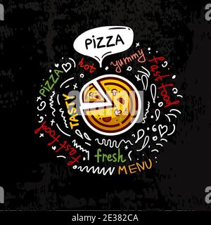 Pizza savoureuse, affiche de restauration rapide. Illustration à plat en couleur vectorielle pour affiche, étiquette et menu café fast food. Illustration de Vecteur