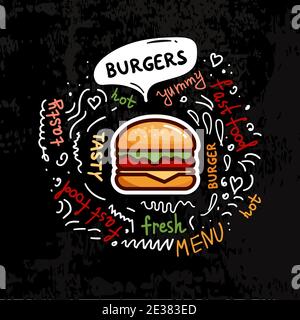 Hamburgers savoureux, affiche de restauration rapide. Illustration à plat en couleur vectorielle pour affiche, étiquette et menu café fast food. Illustration de Vecteur
