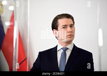 Vienne, Autriche. 17 janvier 2021. Déclarations à la presse du gouvernement fédéral autrichien. Le verrouillage sera prolongé en raison du nombre élevé d'infections par Covid-19. L'image montre le chancelier Sebastian Kurz. Banque D'Images